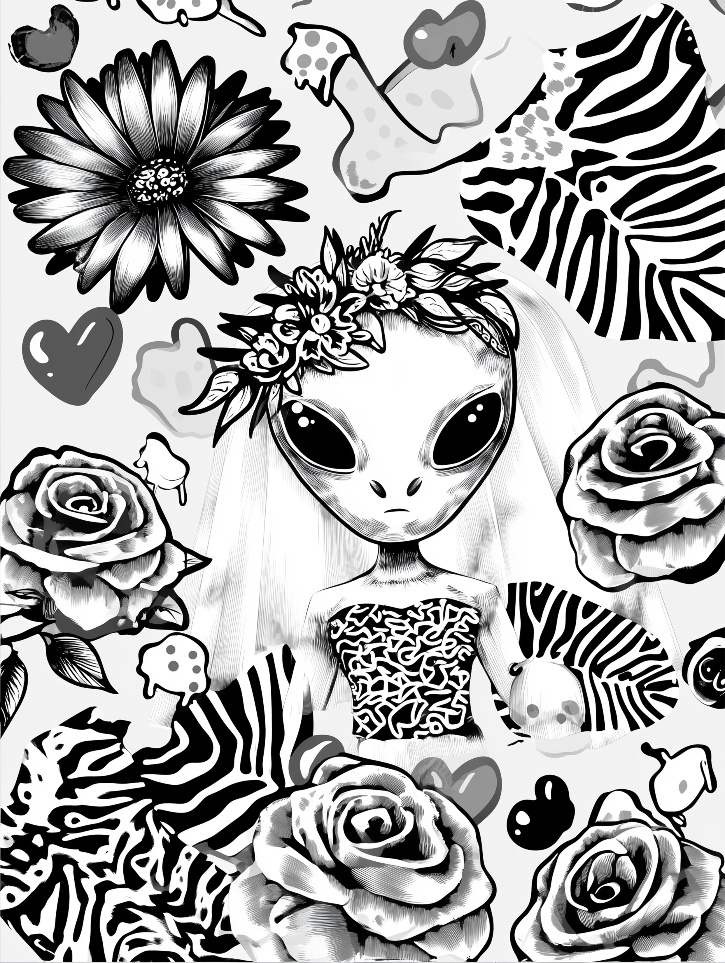 Free printable alien coloring page for adults featuring a daisy and an alien in a wedding dress